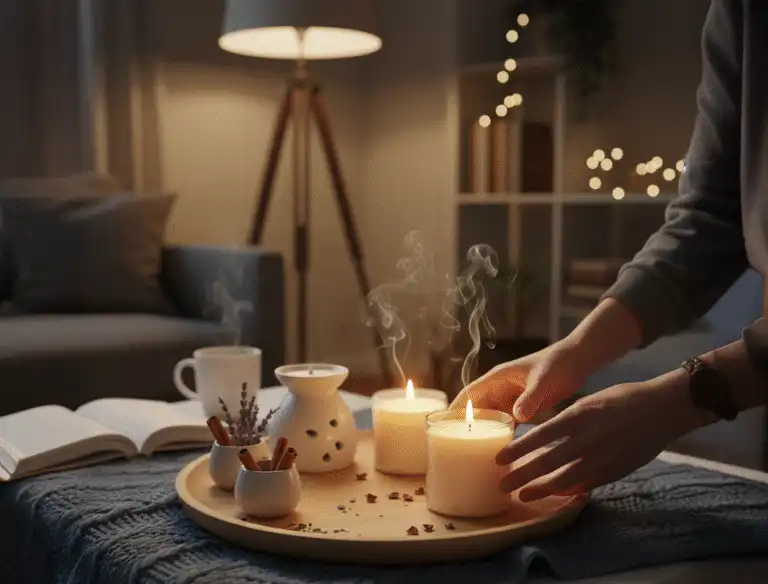 A person arranges flame candles on a wooden tray with dried lavender and ceramic holders, creating a cosy ambience in a softly lit living room—with books, a cup, and fairy lights—perfect for a relaxing evening routine. Flame & Scent